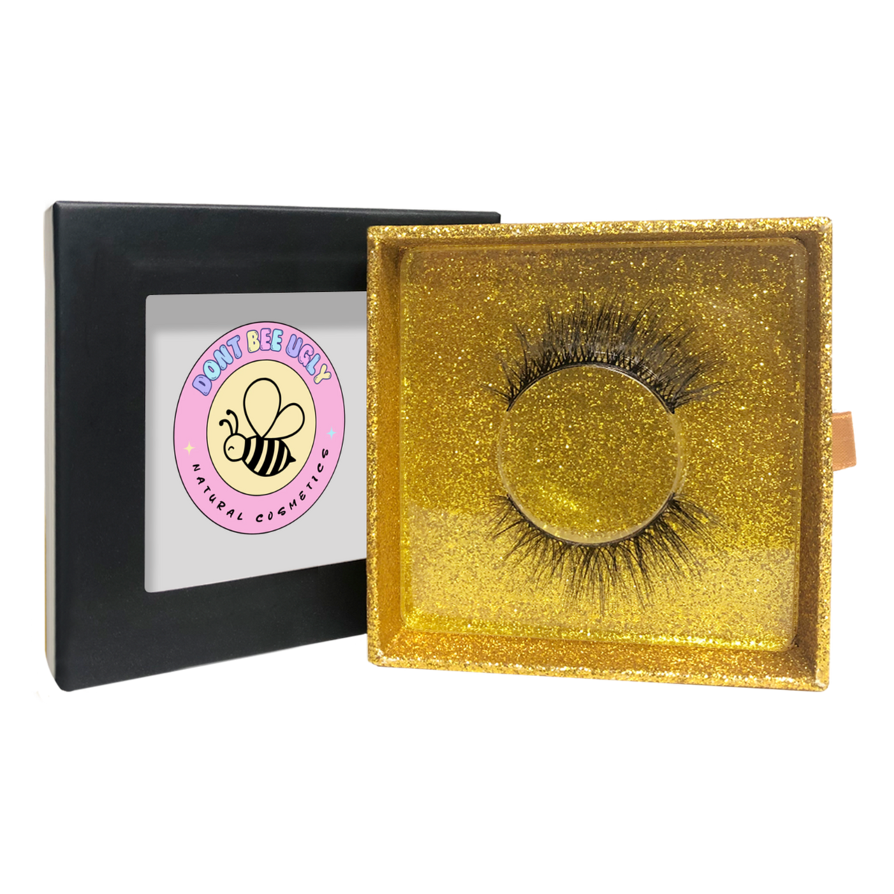 Eyelashes in a gold box with a brand logo on a white background
