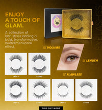 Thumbnail for Advertisement for false eyelashes with product packaging and sample application on a brown background.